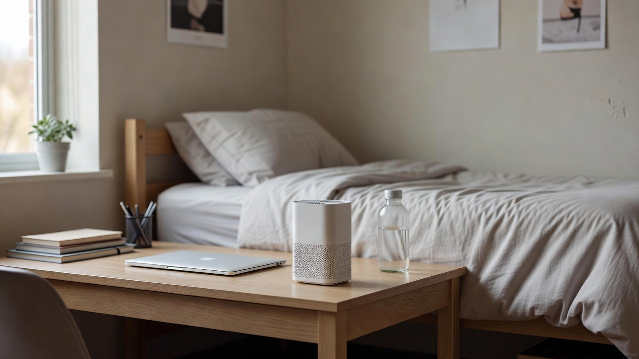 Photo of a compact air purifier on a desk in a college dorm room