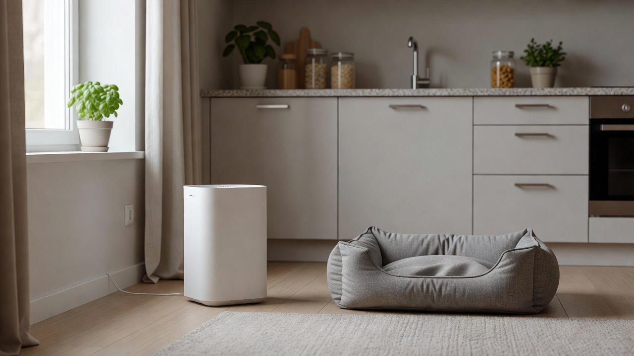 Photo of an air purifier in a home with a pet bed and kitchen nearby