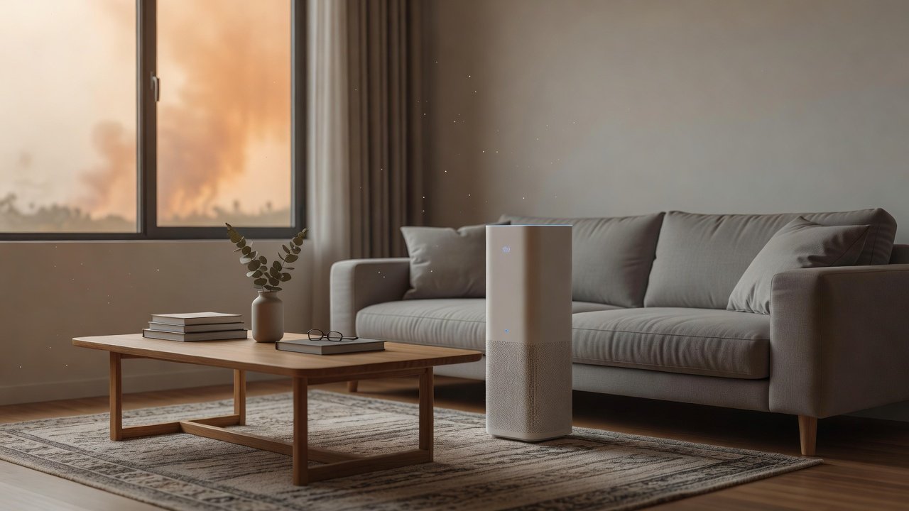 Photo of an air purifier in a living room with smoky orange light outside the window
