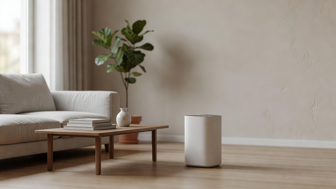 A compact air purifier on a bedroom nightstand in soft natural light