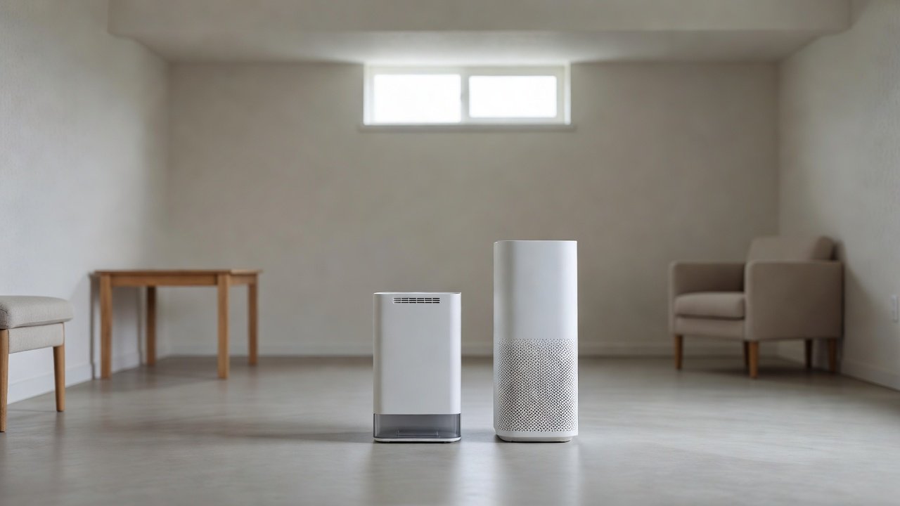 Dehumidifier and tower air purifier side by side in a basement room