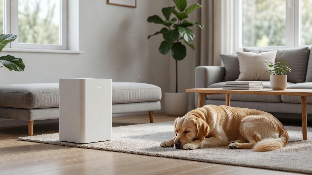 Air purifier running quietly in a bright large living room with a dog resting nearby