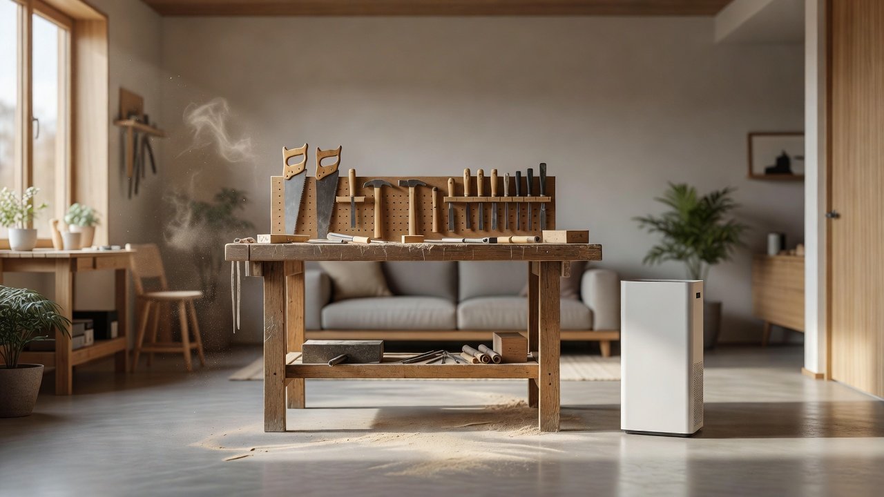 Home woodworking workshop with a large floor standing air purifier