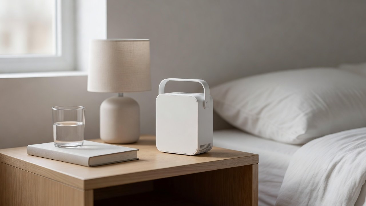 Photo of a small portable air purifier with a handle on a nightstand