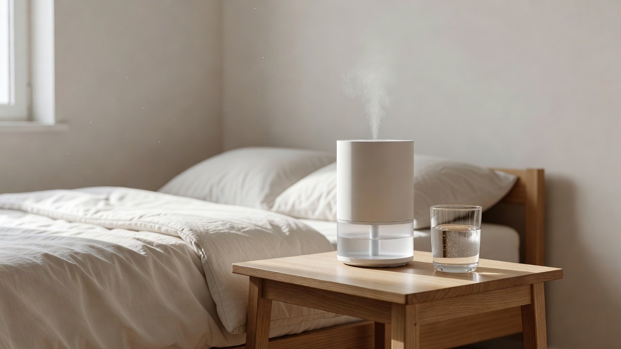 Water tank humidifier style device on a side table in a bright bedroom
