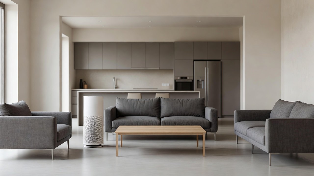 Photo of a large floor air purifier in a spacious modern living room