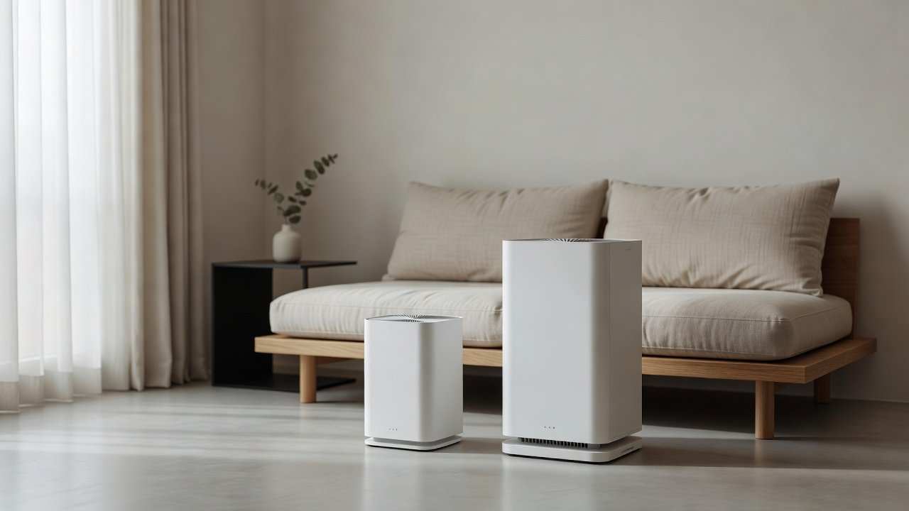 Air purifier in a home interior, coway airmega 150 compared with coway airmega 250