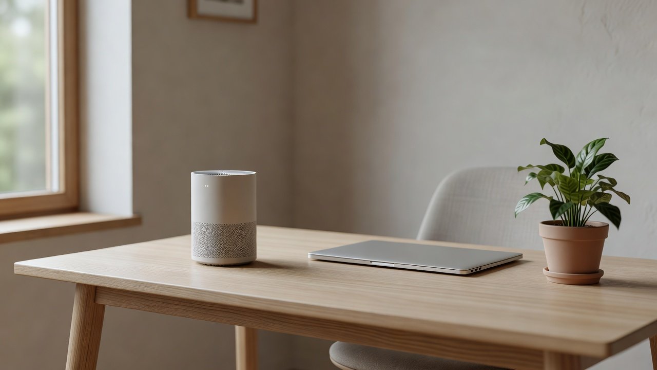 Photo of a small desktop air purifier on a home office desk beside a laptop