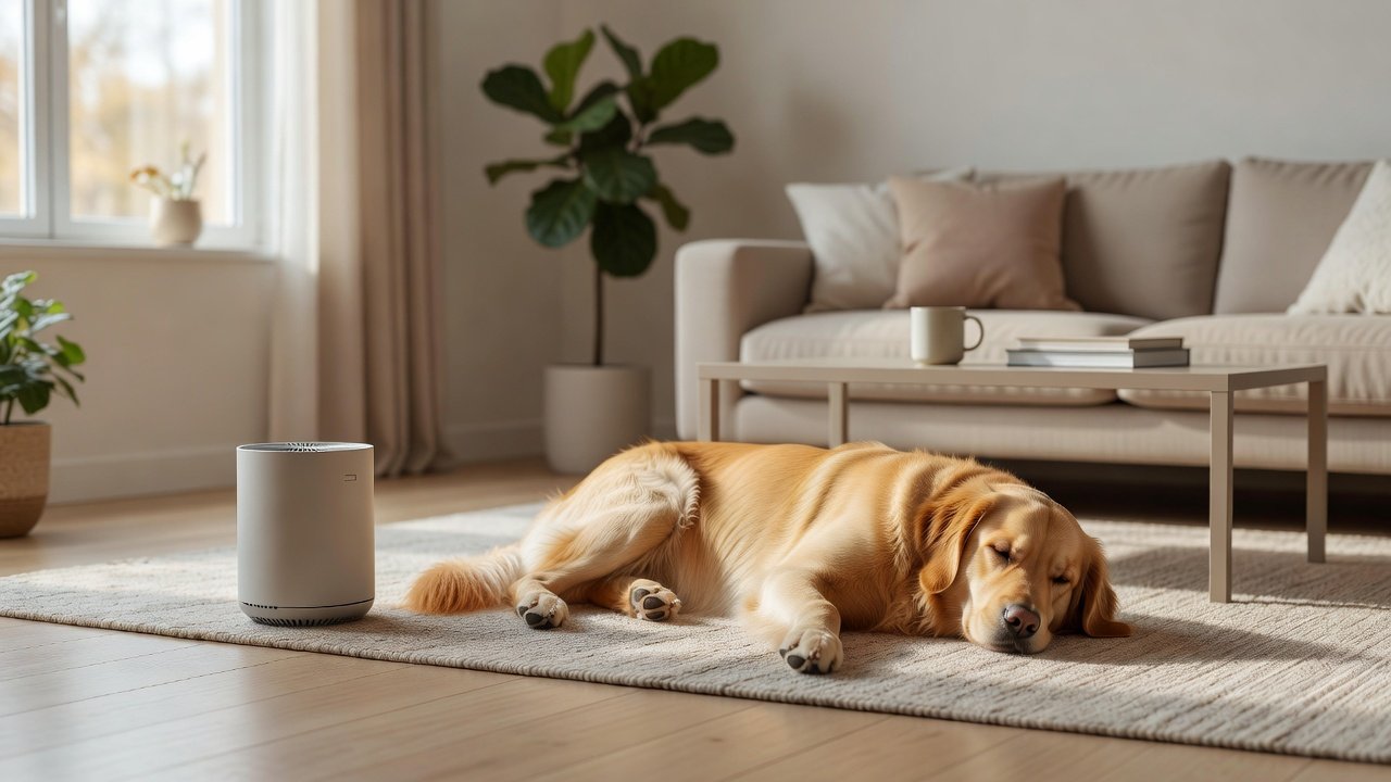 Photo of a golden retriever on a rug beside a small air purifier in a living room