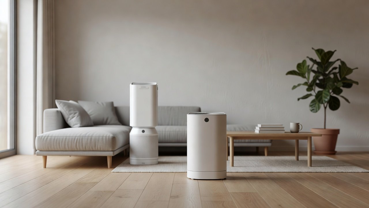 Air purifier in a home interior, dyson tp07 compared with dyson hp07