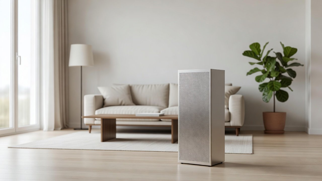 Photo of a modern air purifier with a washable filter panel in a bright living room