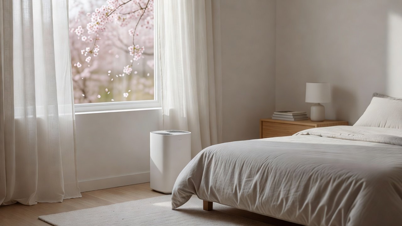 Photo of an air purifier in a bedroom with soft spring light from the window