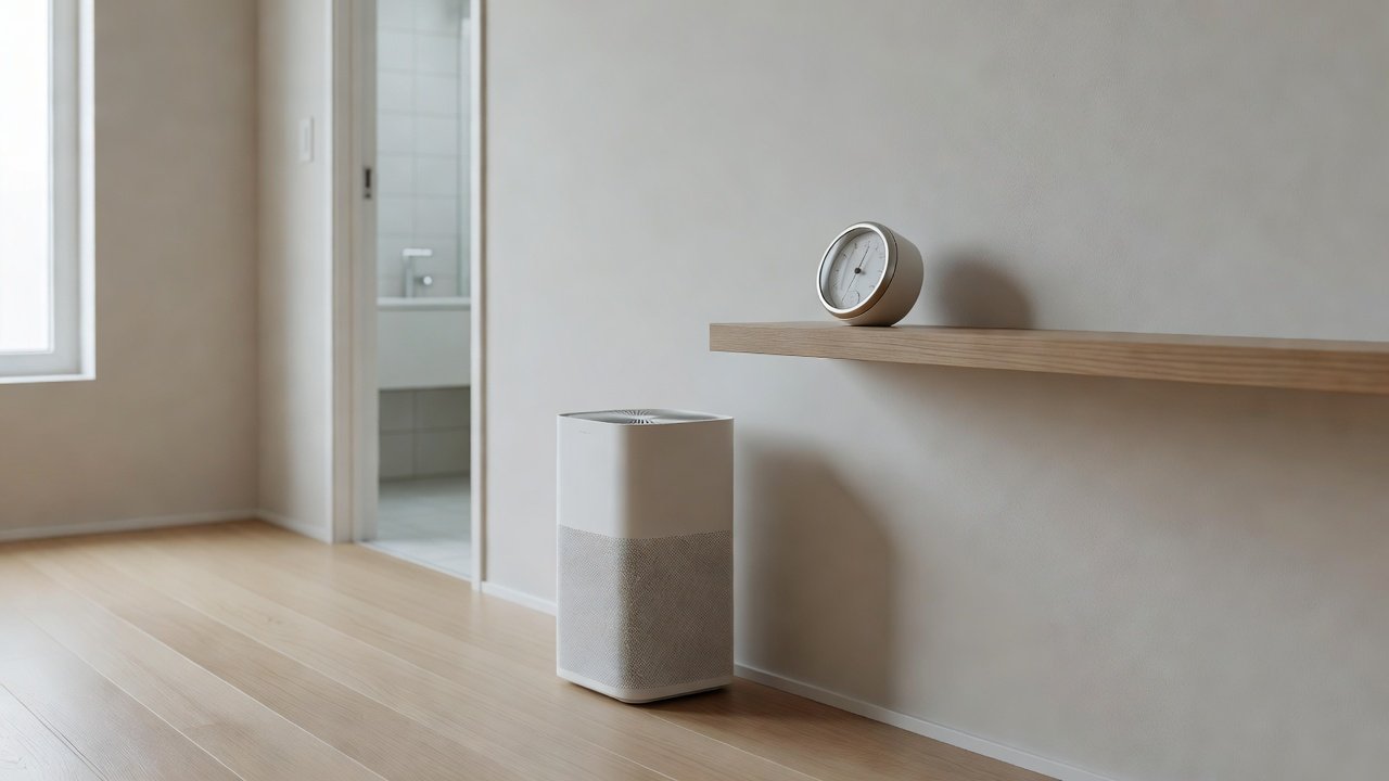 Photo of an air purifier and a humidity meter in a bright home hallway