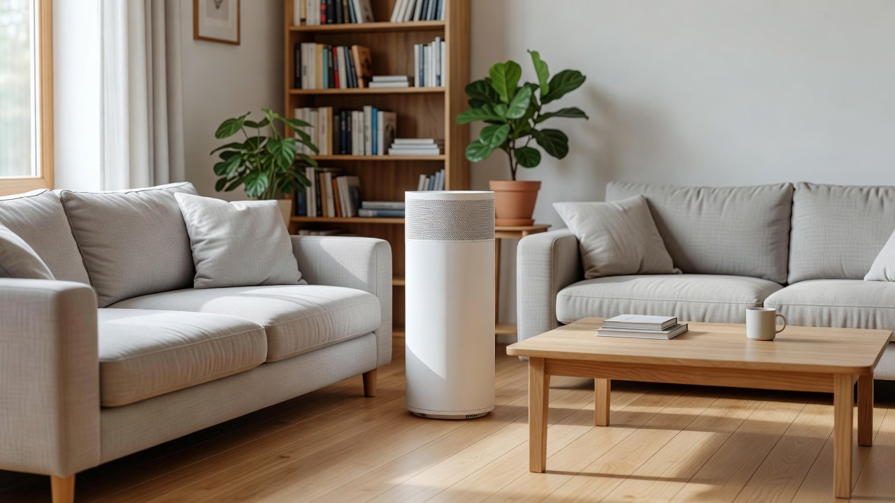 Photo of a large white tower air purifier in a family living room