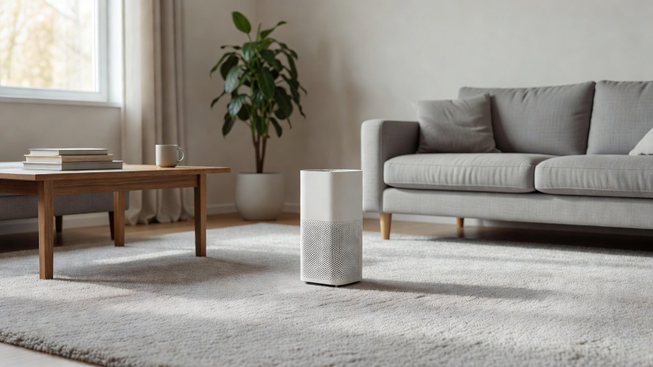 Air purifier in a home interior, how air purifiers reduce allergens in carpeted homes
