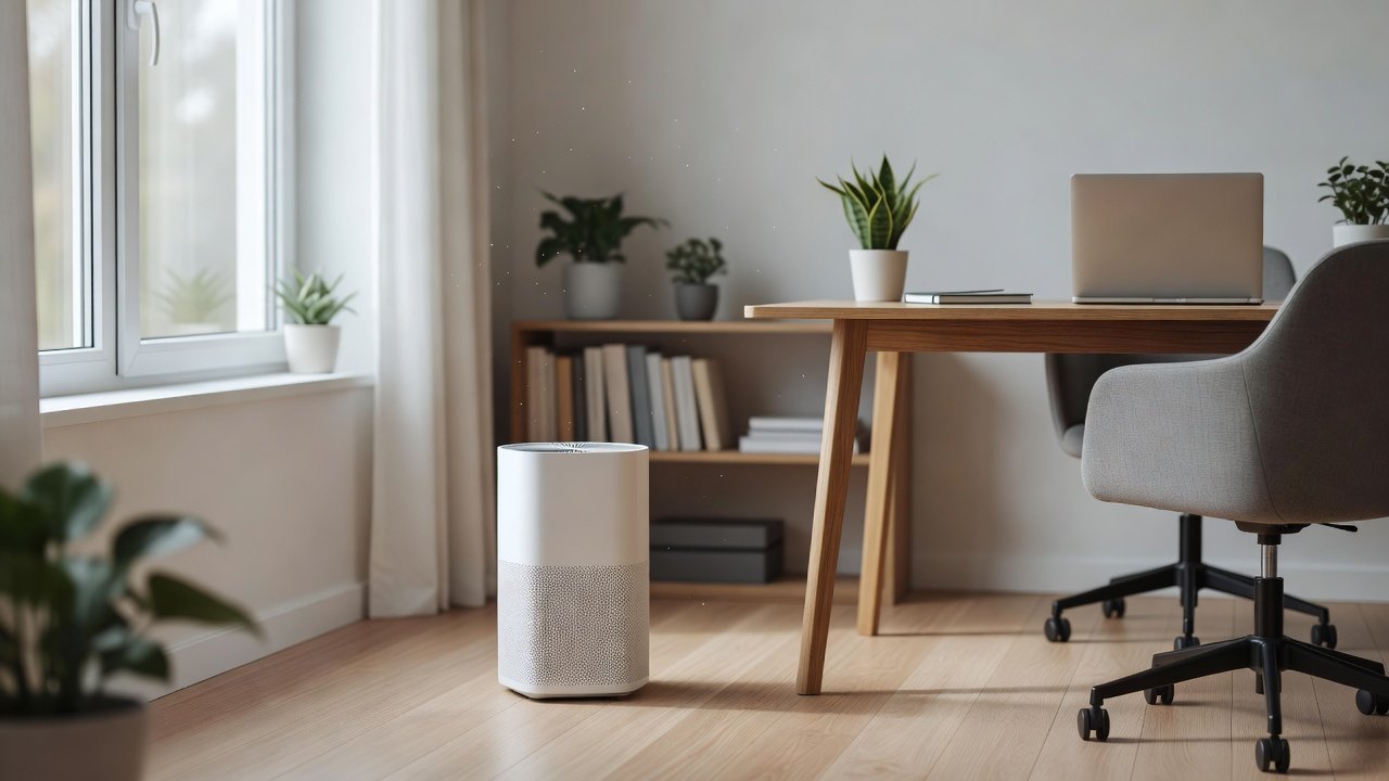Air purifier in a home interior, how air purifiers reduce allergens in home offices