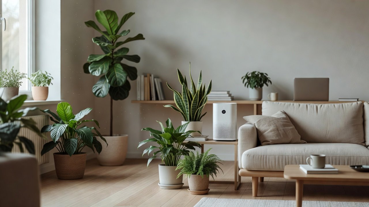 Air purifier in a home interior, how much do indoor plants improve air quality