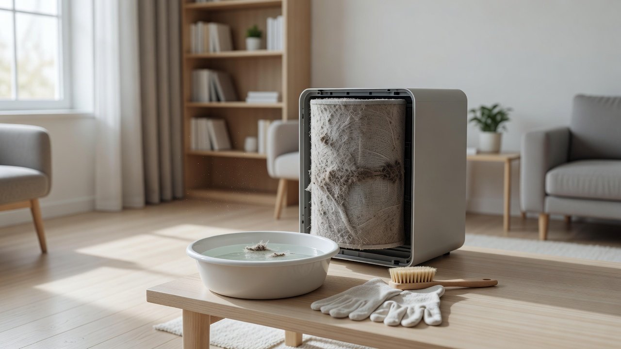 Air purifier in a home interior, how to clean a clogged air purifier filter