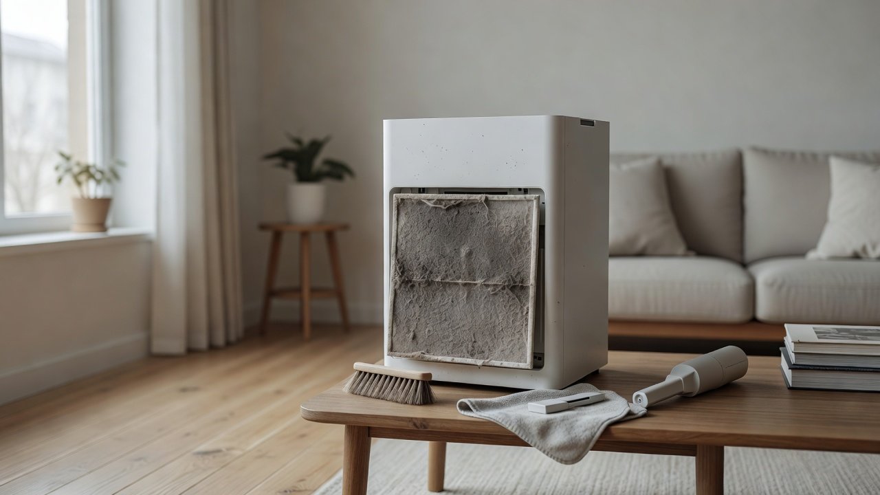 Air purifier in a home interior, how to clean a heavily soiled air purifier filter
