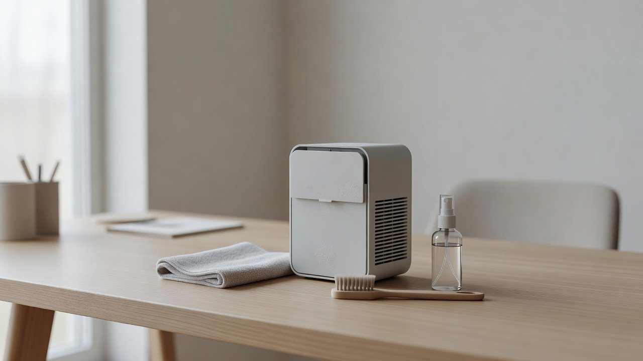 Air purifier in a home interior, how to clean a small desktop air purifier