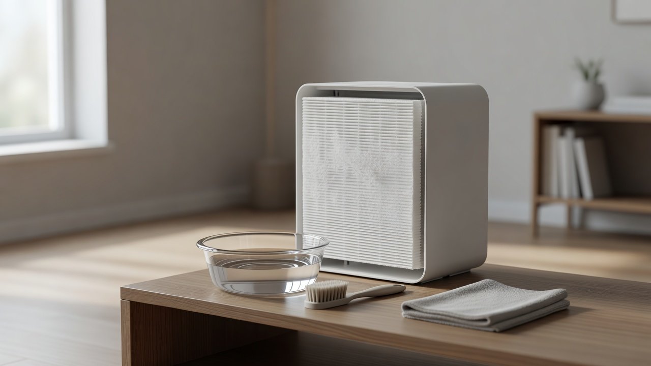 Air purifier in a home interior, how to clean a washable hepa filter properly