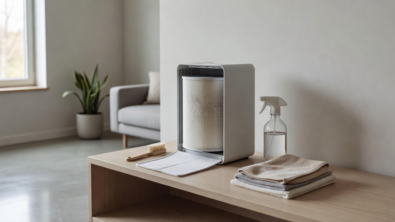 Air purifier in a home interior, how to clean an air purifier after a flood