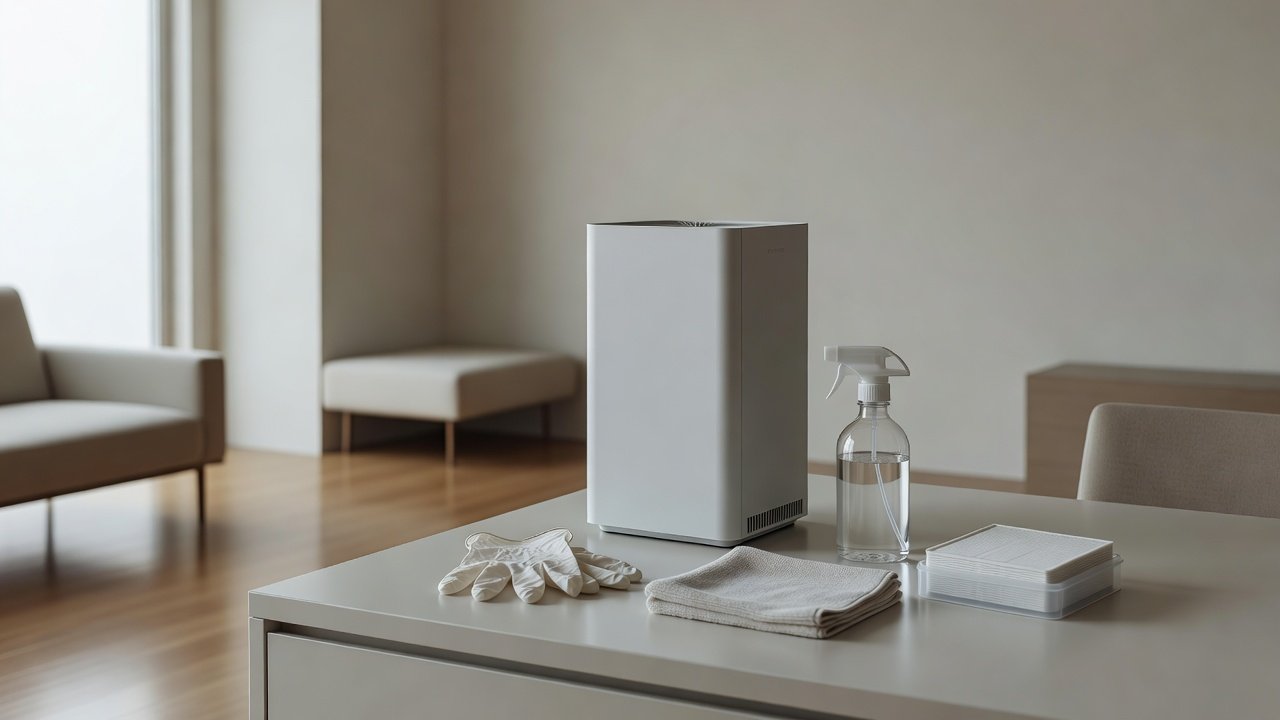 Air purifier in a home interior, how to clean an air purifier after a virus outbreak