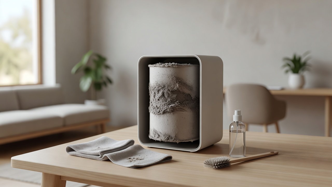 Air purifier in a home interior, how to clean an air purifier after a wildfire