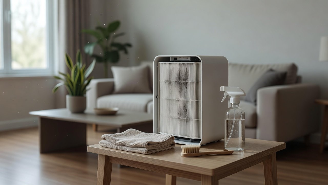 Air purifier in a home interior, how to clean an air purifier after smoke exposure