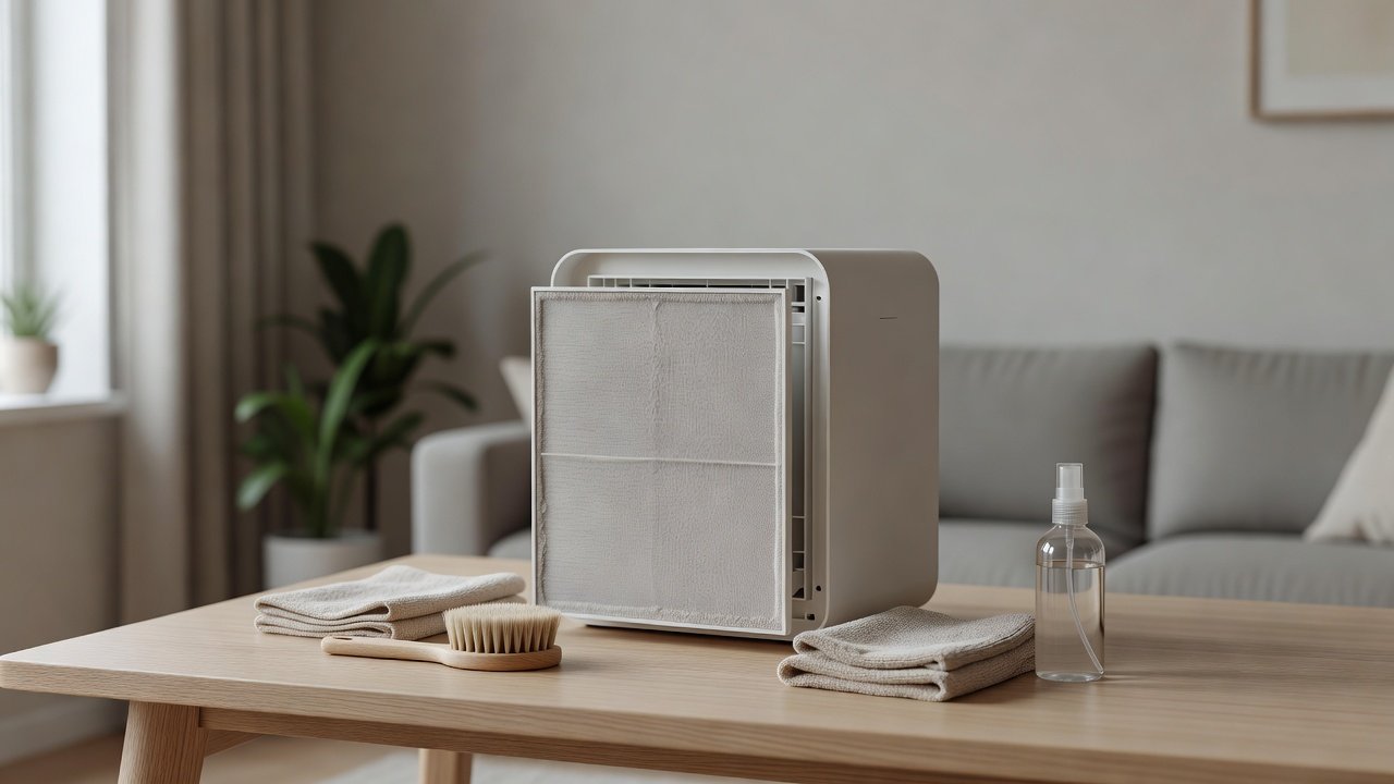 Air purifier in a home interior, how to clean an air purifier filter housing