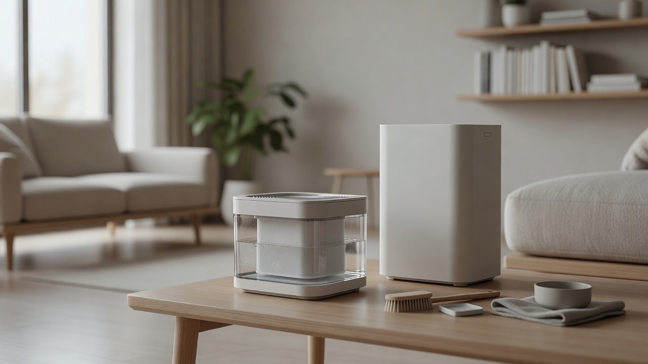 Air purifier in a home interior, how to clean an air purifier filter using an ultrasonic cleaner