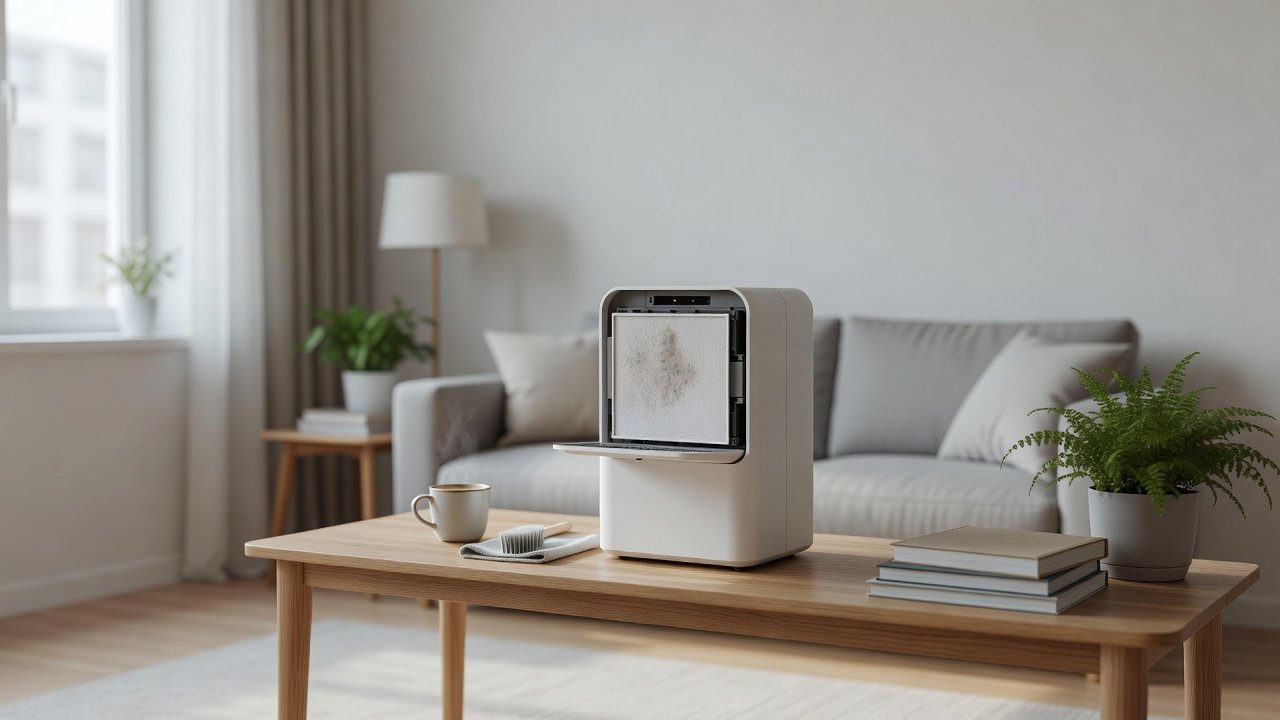Air purifier in a home interior, how to clean an air purifier for allergies relief