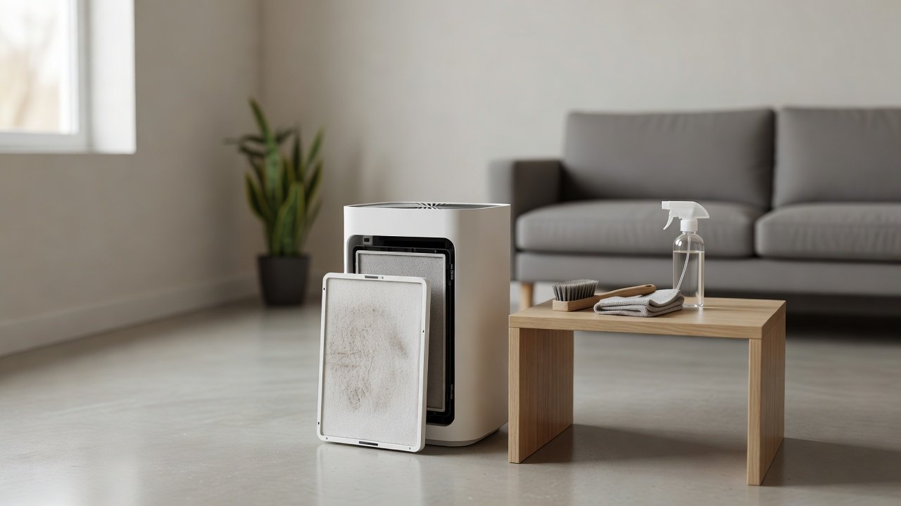 Air purifier in a home interior, how to clean an air purifier in a basement