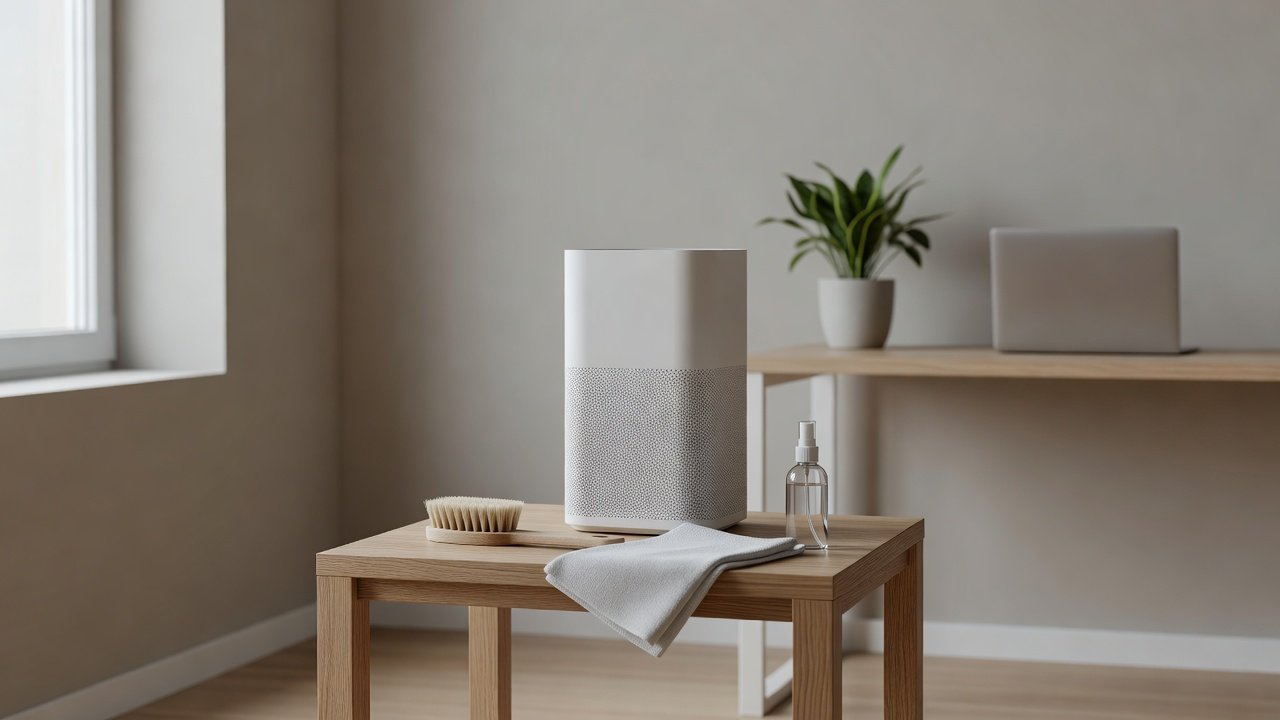 Air purifier in a home interior, how to clean an air purifier in an office setting