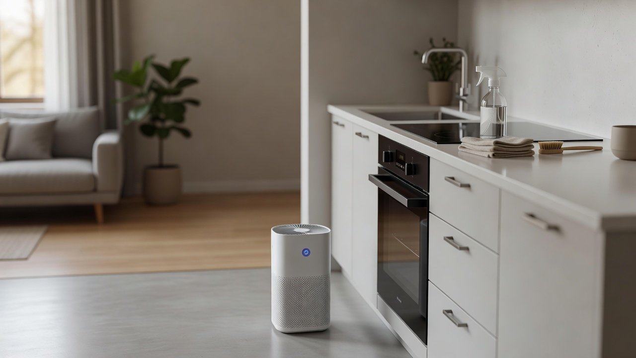 Air purifier in a home interior, how to clean an air purifier placed near a stove
