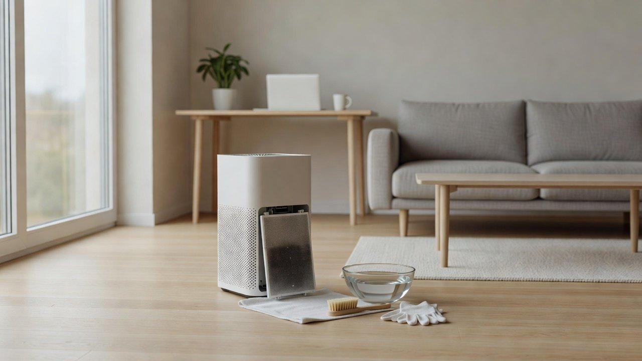 Air purifier in a home interior, how to clean an air purifier that has absorbed food odors