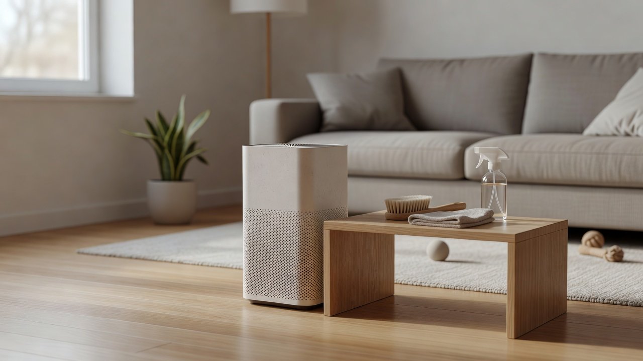 Air purifier in a home interior, how to clean an air purifier that has absorbed pet odors