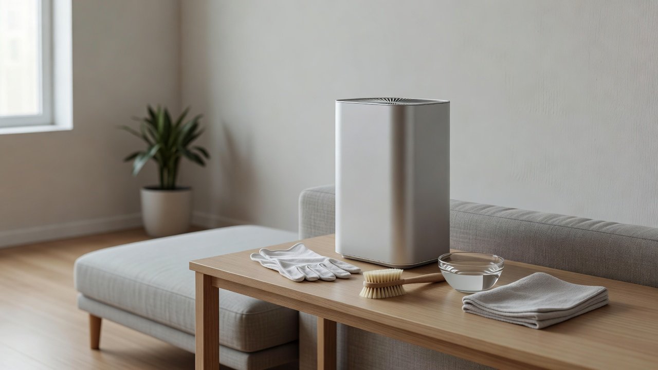 Air purifier in a home interior, how to clean an air purifier that produces ozone