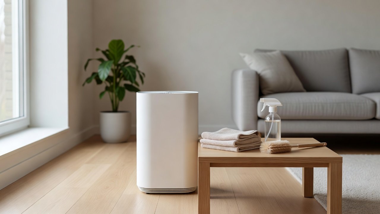 Air purifier in a home interior, how to clean an air purifier that runs 247