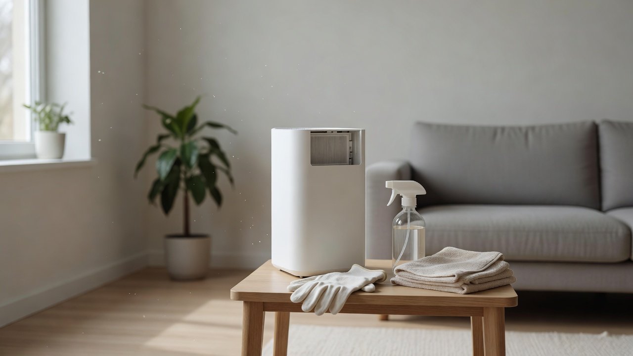 Air purifier in a home interior, how to clean an air purifier that smells like chemicals