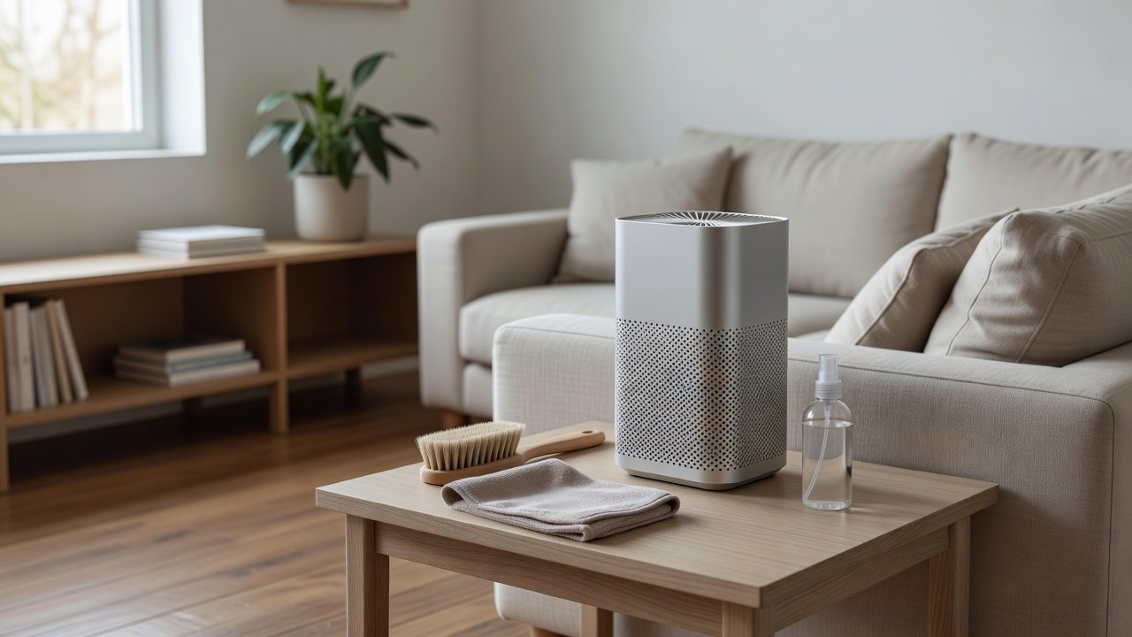Air purifier in a home interior, how to clean an air purifier used in a healthcare setting