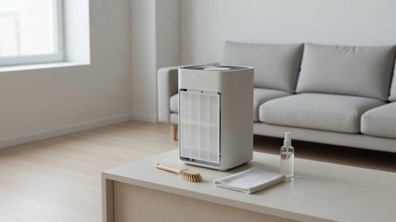 Air purifier in a home interior, how to clean an air purifier used in a school classroom