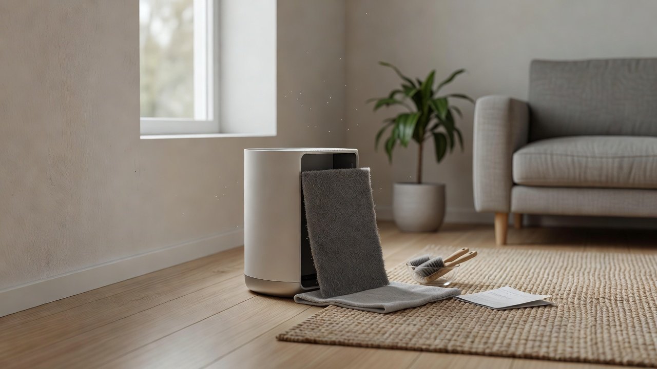 Air purifier in a home interior, how to clean an air purifier with a carbon pre filter