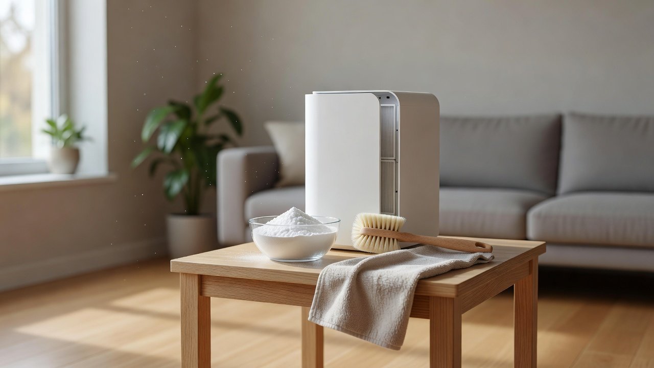Air purifier in a home interior, how to clean an air purifier with baking soda