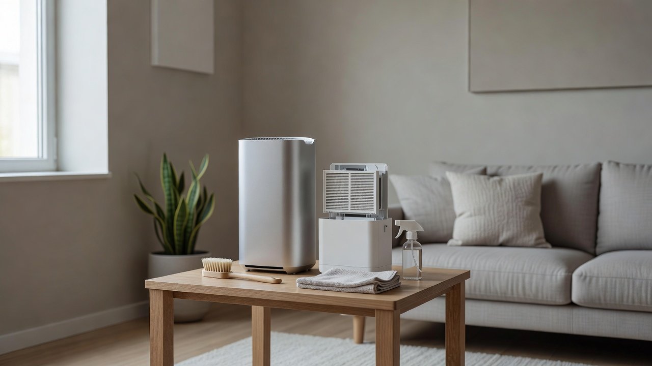 Air purifier in a home interior, how to clean an air purifier with detachable compartments