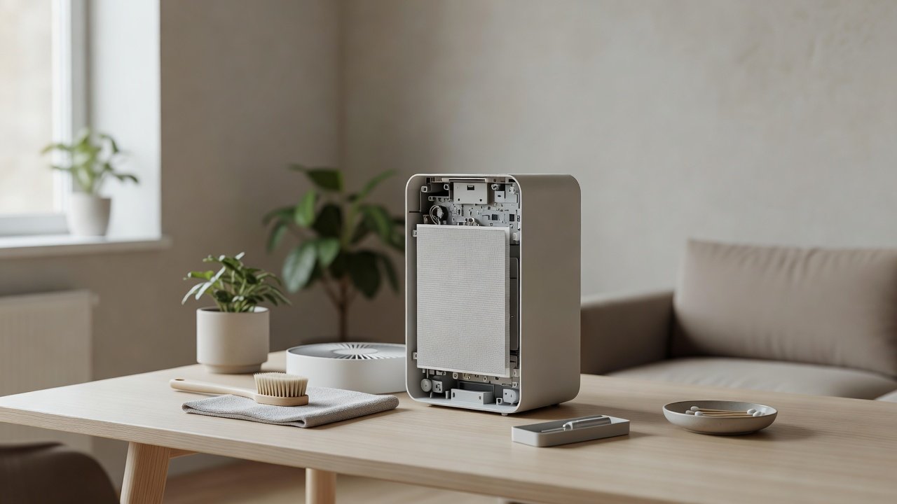 Air purifier in a home interior, how to clean an air purifier with electronic components