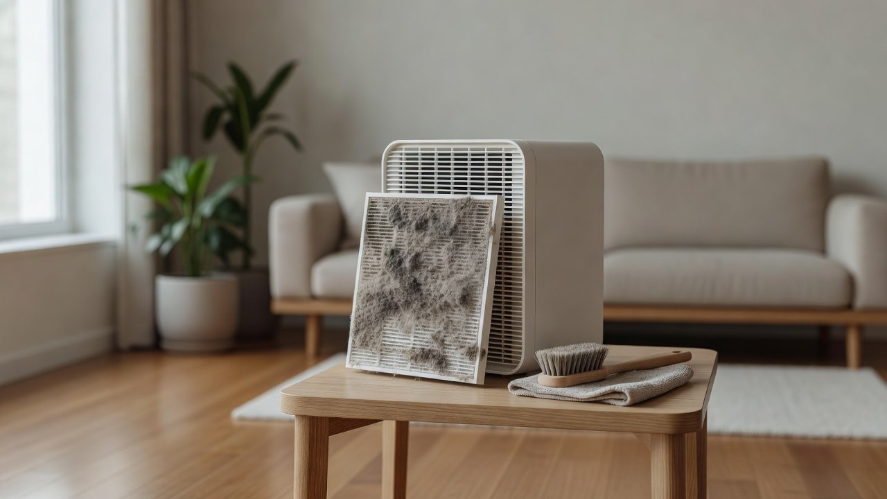 Air purifier in a home interior, how to clean an air purifier with stubborn dust buildup