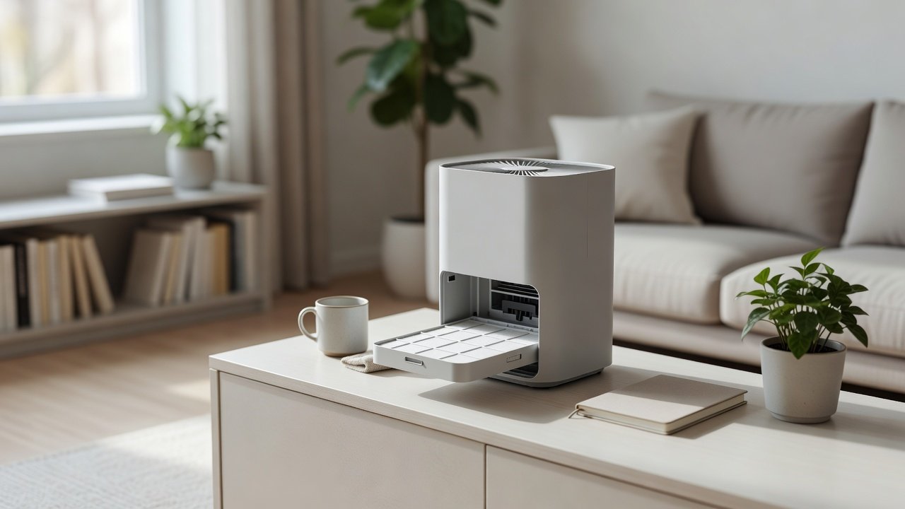 Air purifier in a home interior, how to clean an air purifiers filter tray