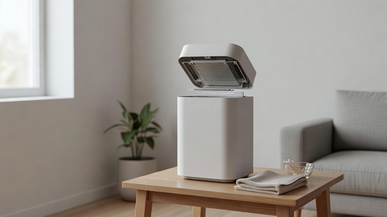 Air purifier in a home interior, how to clean an air purifiers ionization chamber