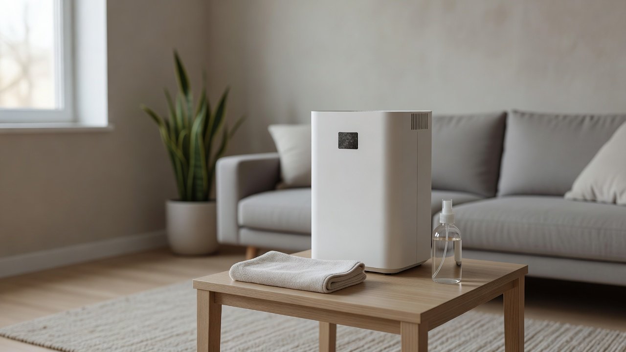 Air purifier in a home interior, how to clean an air purifiers led display